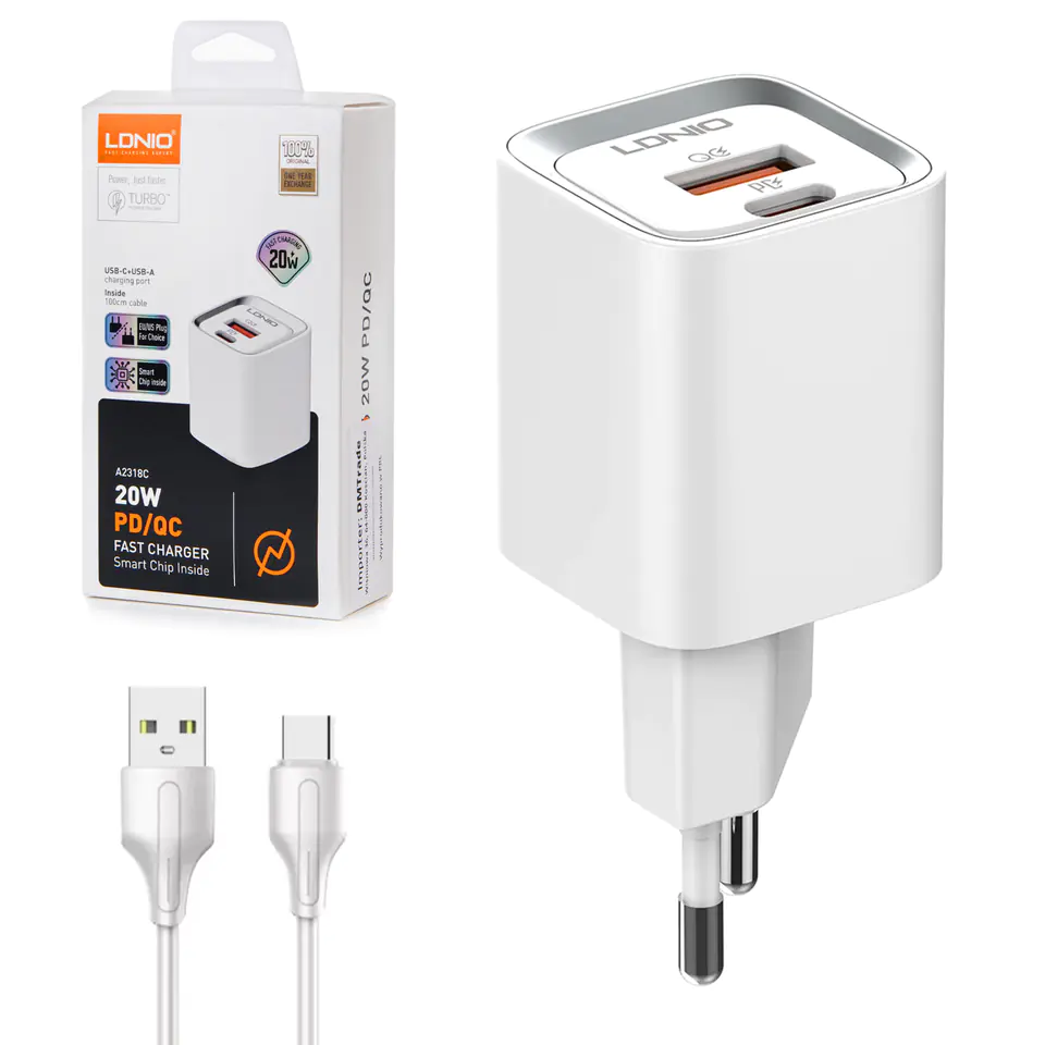 ⁨USB charger 20W PD QC3.0 USB-A cable USB-C⁩ at Wasserman.eu