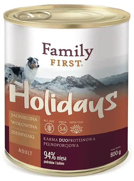 ⁨FAMILY FIRST Holidays Adult Jagnięcina, wołowina, ziemniaki - mokra karma dla psa - 800 g⁩ w sklepie Wasserman.eu