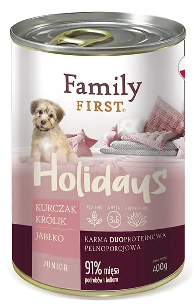 ⁨FAMILY FIRST Holidays Junior Kurczak, królik, jabłko - mokra karma dla psa - 400 g⁩ w sklepie Wasserman.eu