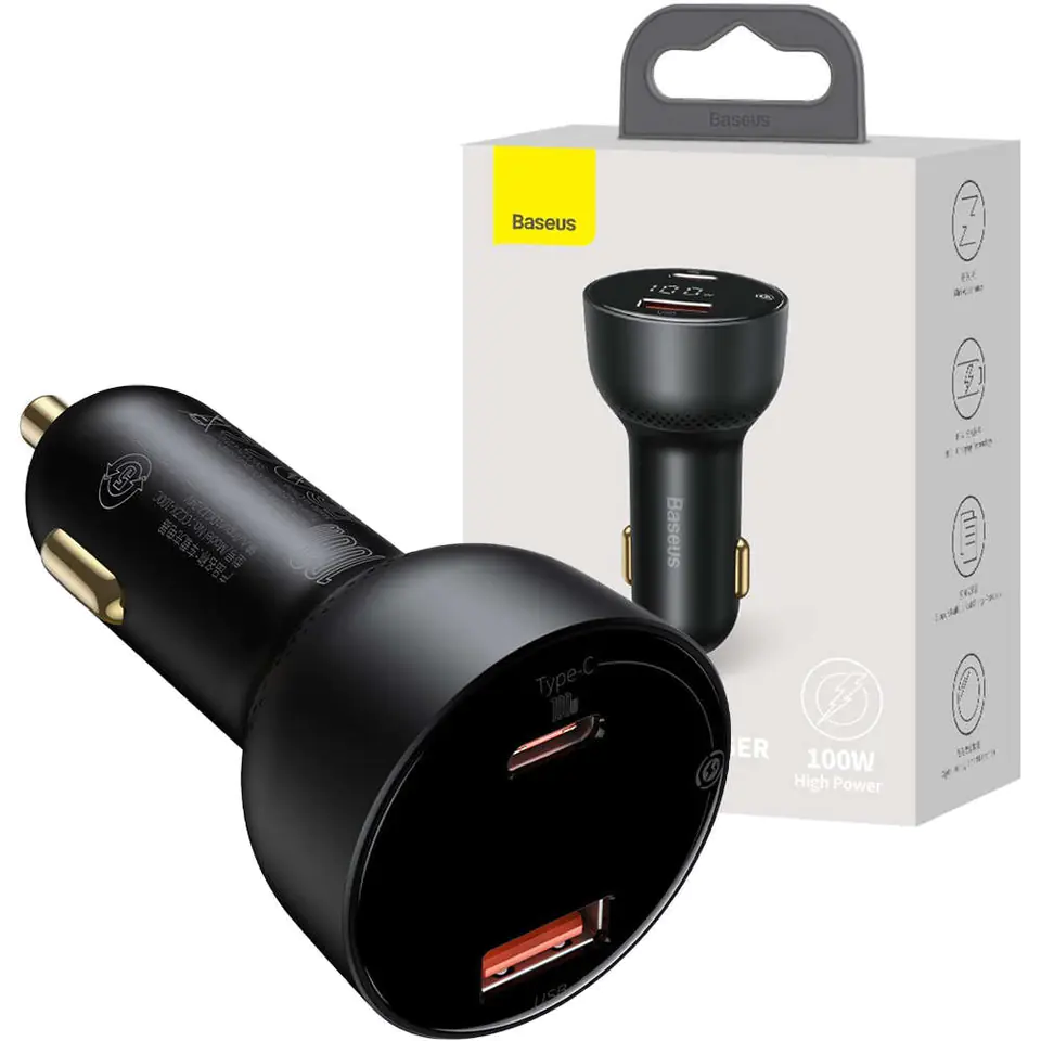 ⁨Baseus Superme USB USB Type C fast car charger 100W PPS QC PD Black⁩ at Wasserman.eu