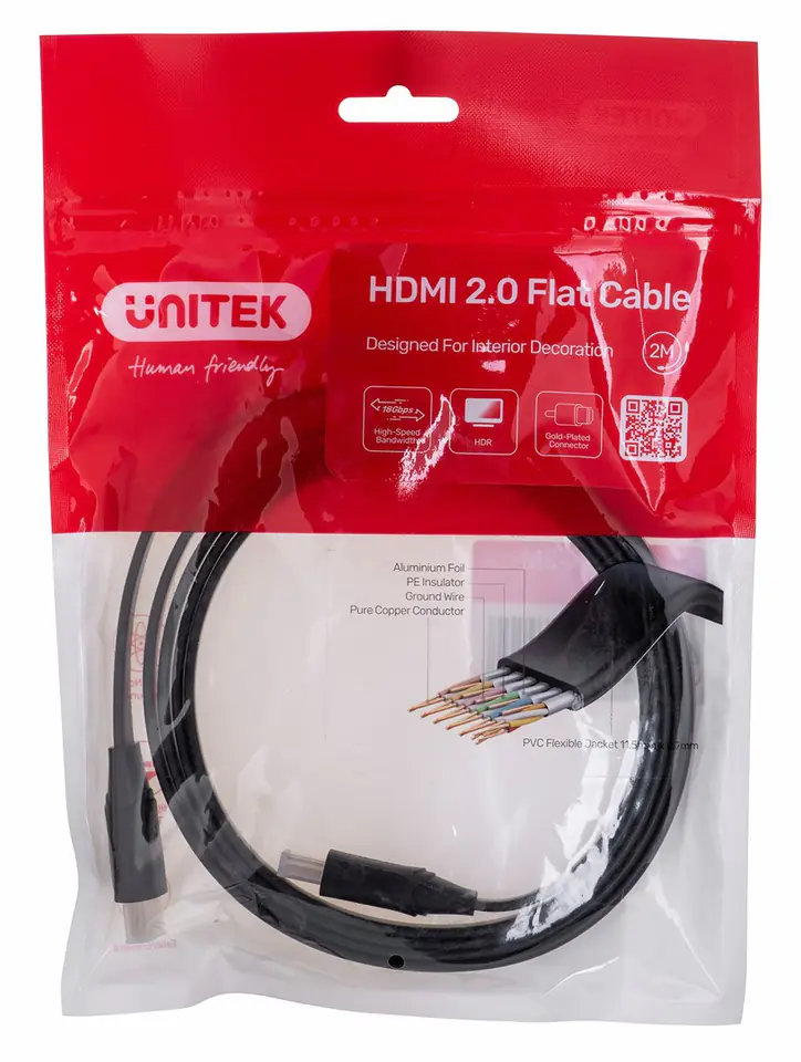 ⁨UNITEK KABEL HDMI 2.0 4K60HZ, PŁASKI, 2M, C11063BK-2M⁩ w sklepie Wasserman.eu