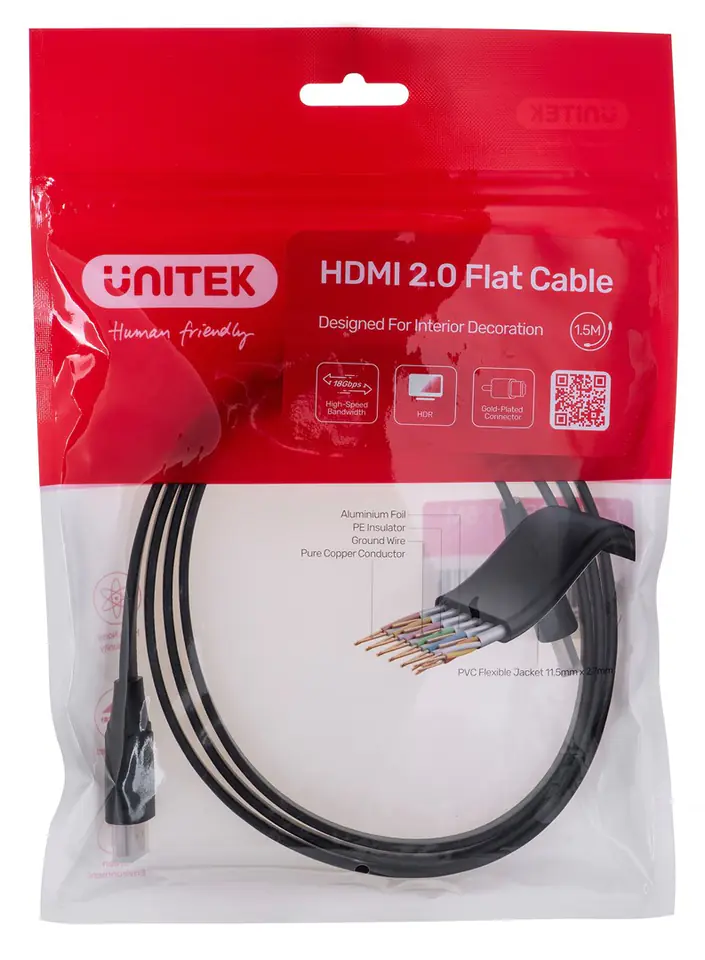 ⁨UNITEK HDMI CABLE 2.0 4K60HZ, FLAT, 1.5M⁩ at Wasserman.eu