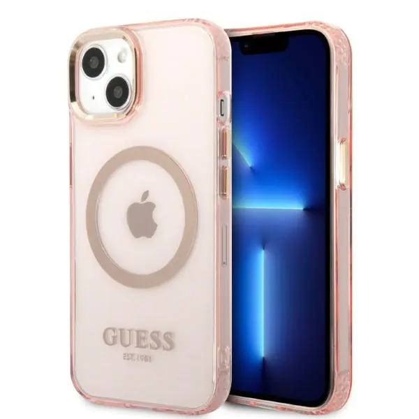 ⁨Guess GUHMP13MHTCMP iPhone 13 6,1" pink/pink hard case Gold Outline Translucent MagSafe⁩ at Wasserman.eu
