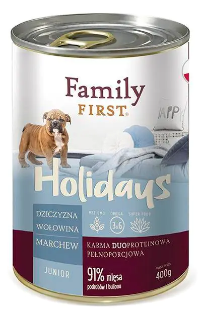 ⁨FAMILY FIRST Holidays Junior Dziczyzna, wołowina, marchew - mokra karma dla psa - 400 g⁩ w sklepie Wasserman.eu