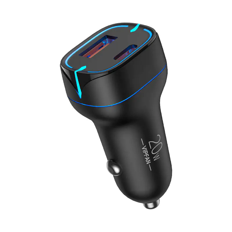 ⁨Vipfan C11 Car Charger, USB + USB-C, PD 20W + QC 3.0, LED (Black)⁩ at Wasserman.eu