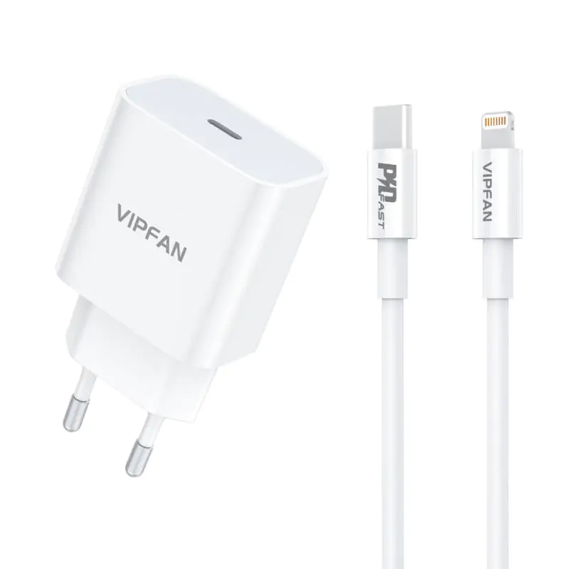 ⁨Vipfan E04 AC charger, USB-C, 20W, QC 3.0 + Lightning cable (white)⁩ at Wasserman.eu