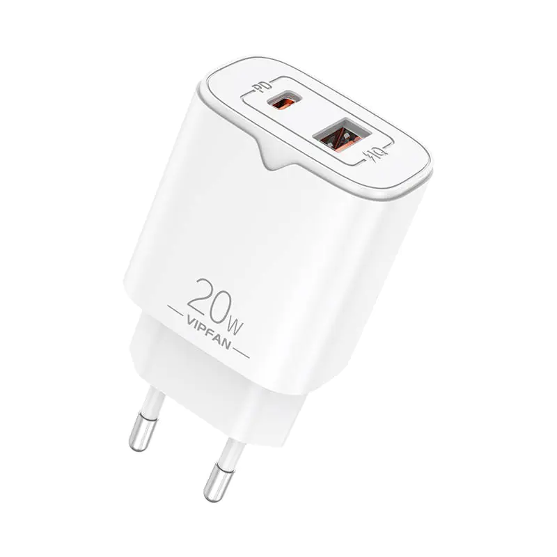 ⁨Ładowarka sieciowa VFAN E08, USB + USB-C, 20W PD + QC 3.0 (biała)⁩ w sklepie Wasserman.eu