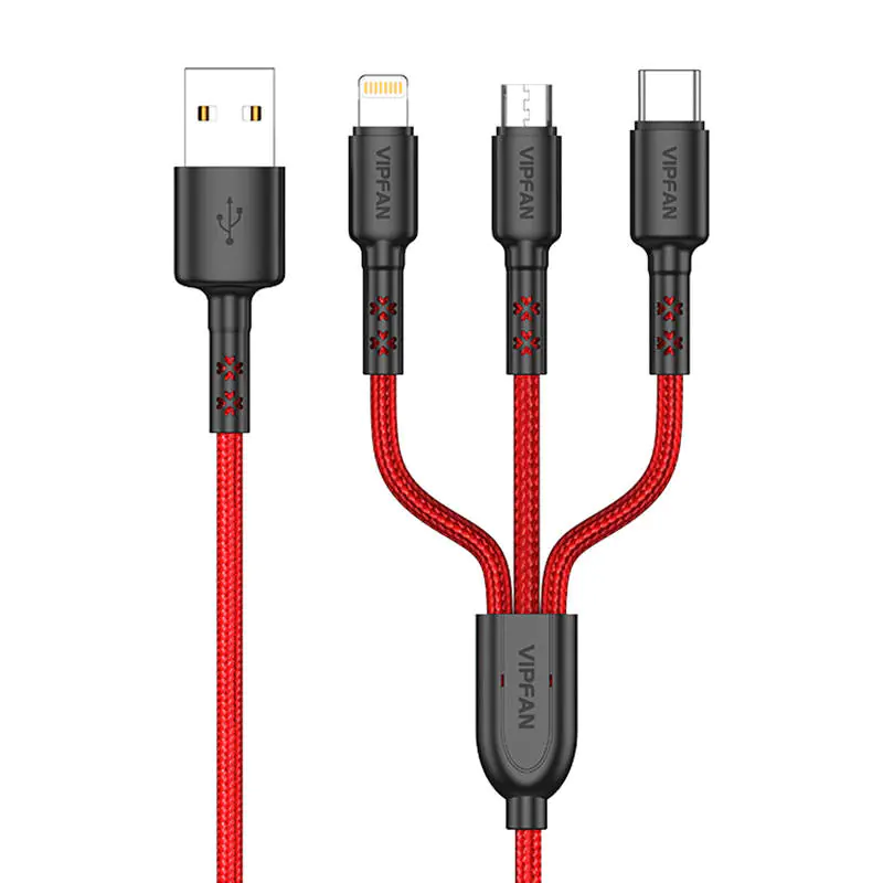 ⁨Kabel USB VFAN X02 3w1 USB-C / Lightning / Micro 3.5A 1.5m (czerwony)⁩ w sklepie Wasserman.eu