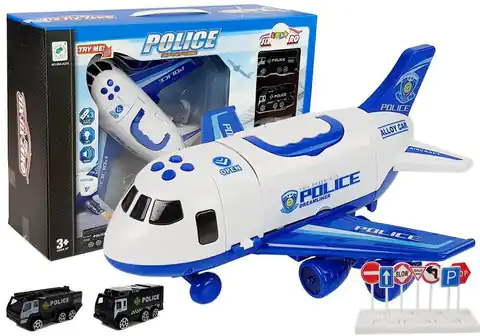 ⁨Samolot Rozkładany Policyjny z Autkami 1:64 ze światłami i dźwiękiem⁩ w sklepie Wasserman.eu