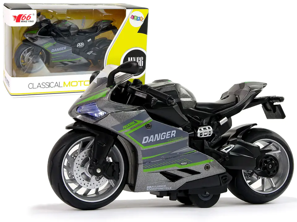 ⁨Sports Motorcycle Grey Green Stripes 1:12 Drive Pull-Back Light Sound⁩ at Wasserman.eu