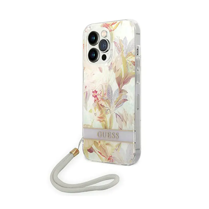 ⁨Guess Flower Cord - Etui ze smyczką iPhone 14 Pro (fioletowy)⁩ w sklepie Wasserman.eu