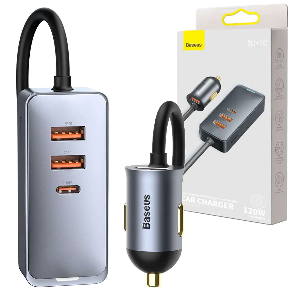 ⁨Ładowarka samochodowa Baseus Share Together z przedłużaczem 3x USB + USB-C 120W Szara⁩ w sklepie Wasserman.eu