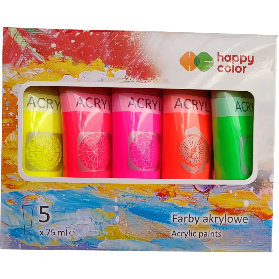 ⁨Farba akrylowa 5 kol. x 75ml mix neonowy HA 7370 0075-MIXFlu Happy Color⁩ w sklepie Wasserman.eu