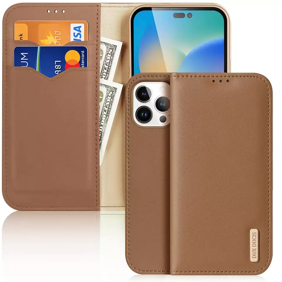 ⁨Dux Ducis Hivo leather case with flip natural leather wallet card and document wallet iPhone 14 Pro Max brown⁩ at Wasserman.eu