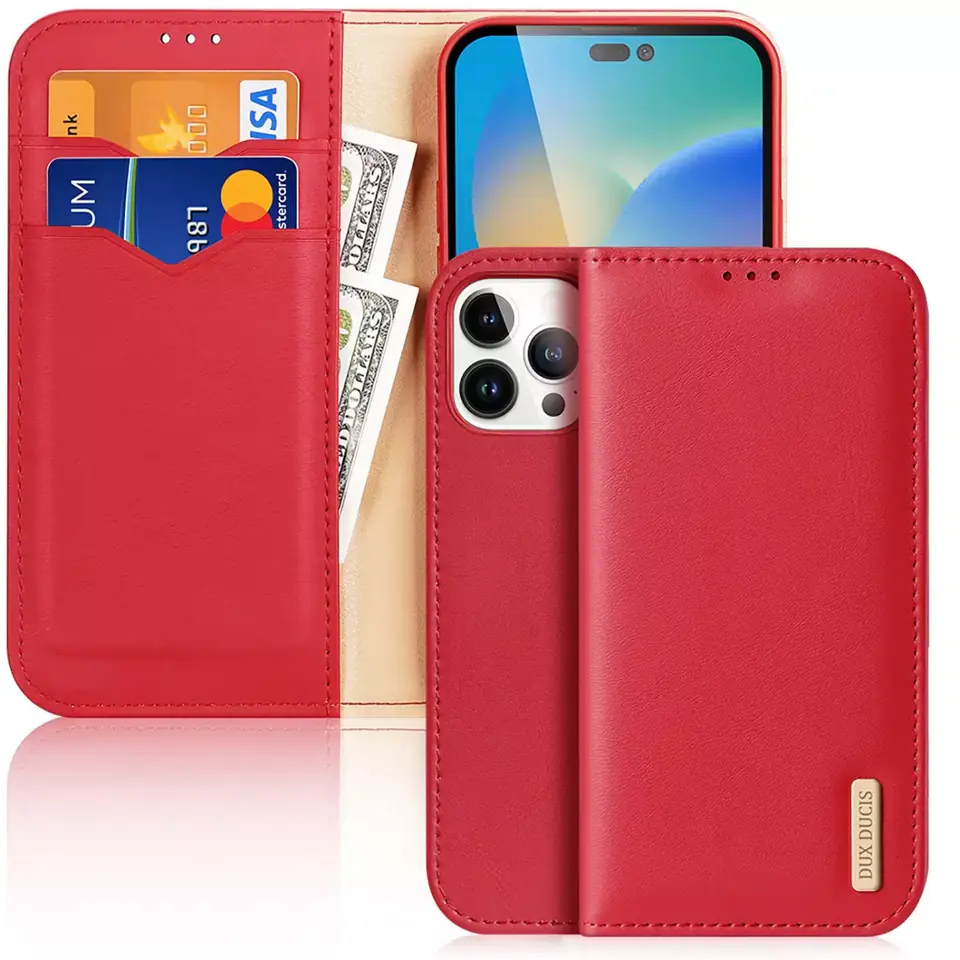 ⁨Dux Ducis Hivo Leather Case Flip Case Natural Leather Card & Document Wallet iPhone 14 Pro Max Red⁩ at Wasserman.eu