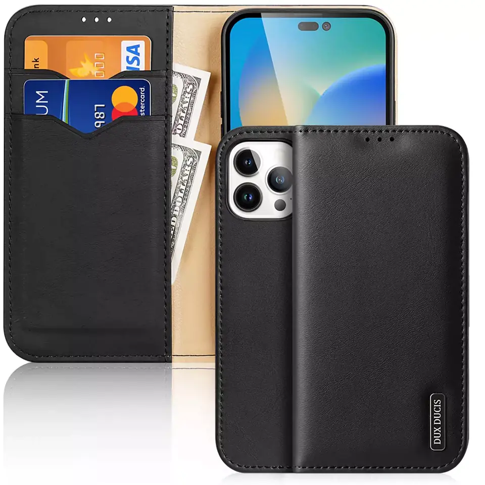 ⁨Dux Ducis Hivo Leather Case Flip Cover Natural Leather Card & Document Wallet iPhone 14 Pro Max Black⁩ at Wasserman.eu