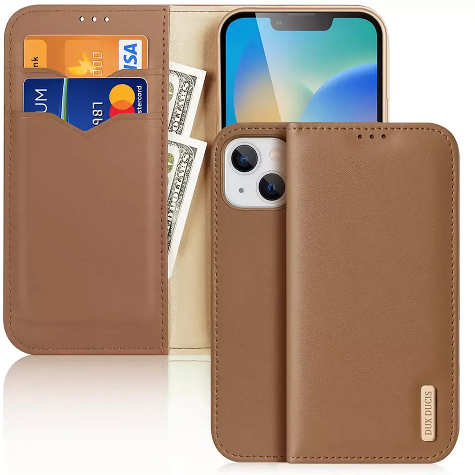 ⁨Dux Ducis Hivo skórzane etui z klapką pokrowiec ze skóry naturalnej portfel na karty i dokumenty iPhone 14 Plus brązowy⁩ w sklepie Wasserman.eu