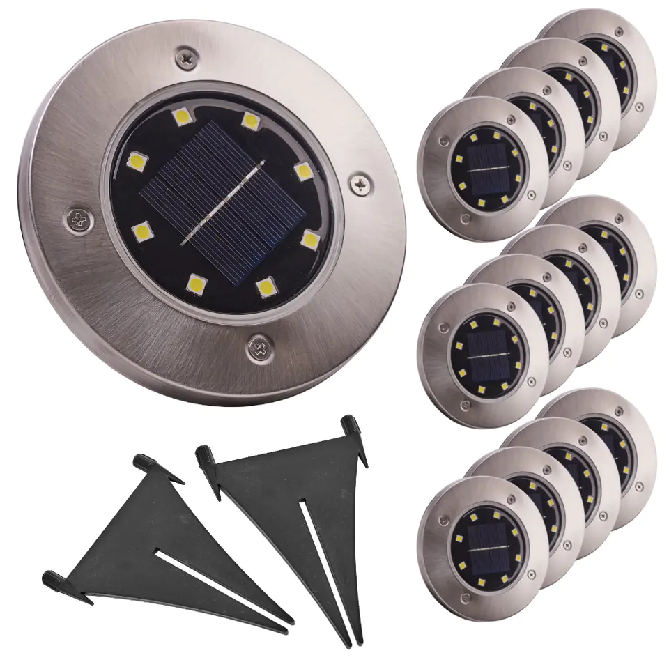 ⁨Lampy ogrodowe solarne najazdowe gruntowe czujnik zmierzchu wbijane świecący dysk 8LED 12szt. zimny biały⁩ w sklepie Wasserman.eu