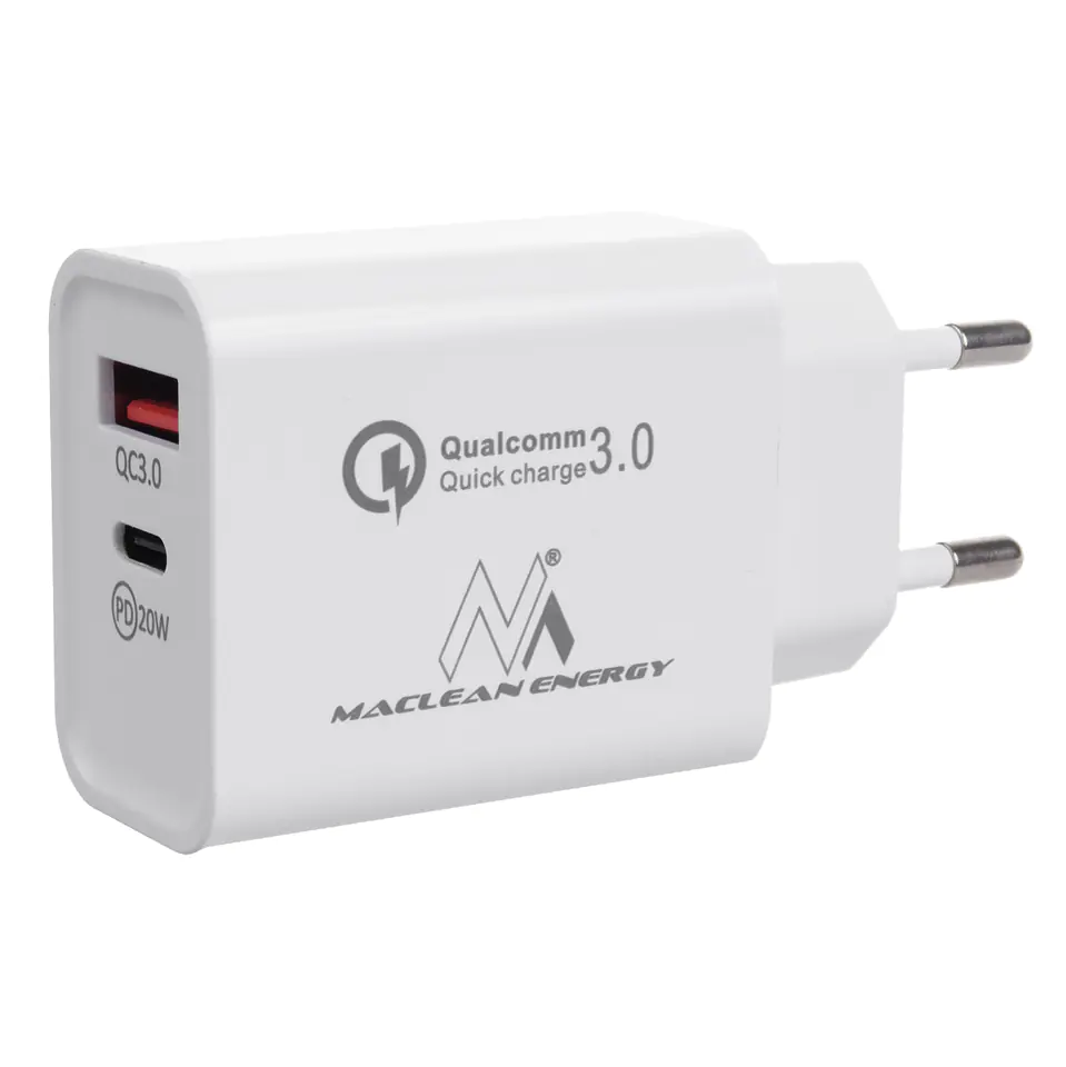 ⁨Ładowarka sieciowa 20W Maclean, PD, Power Delivery, Qualcomm Quick Charge, QC 3.0, 5V3A/9V2.22A/12V1.67A, biała, MCE485W⁩ w sklepie Wasserman.eu