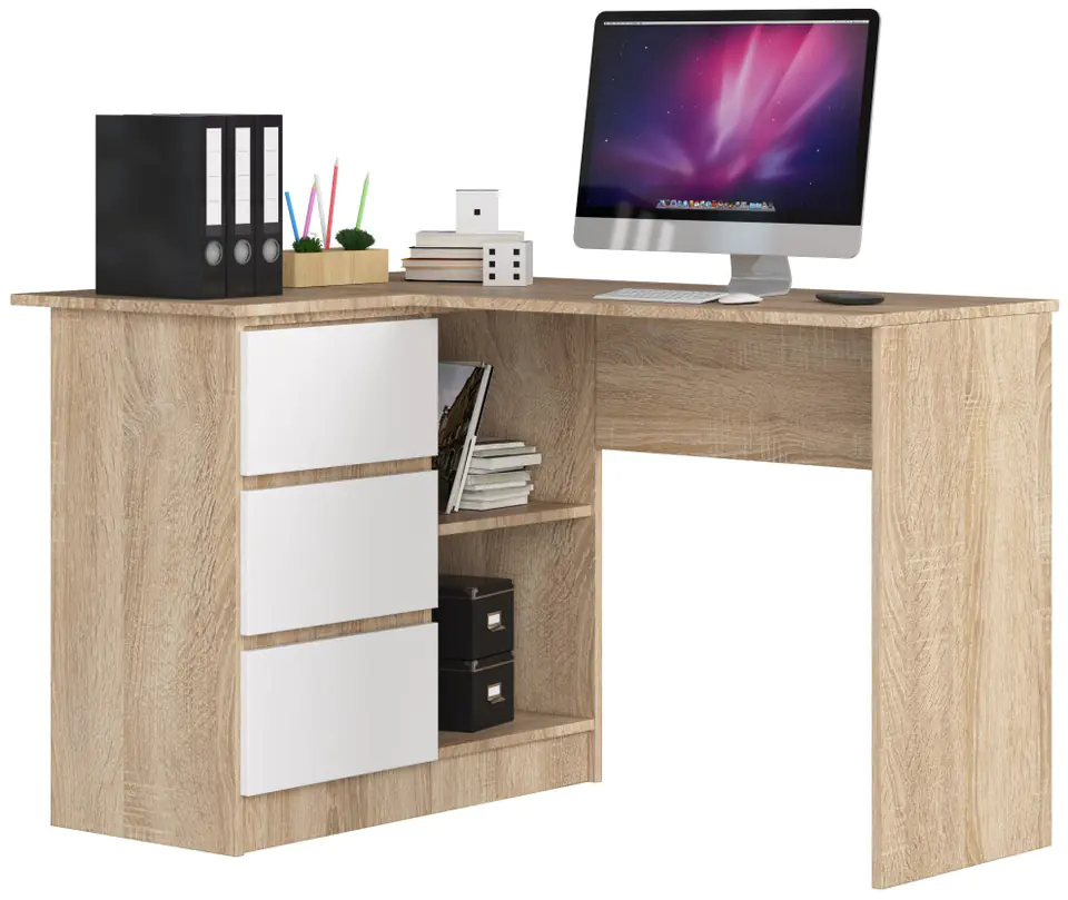 ⁨CORNER DESK B16 124 cm LEFT 3 DRAWERS SONOMA OAK / WHITE⁩ at Wasserman.eu