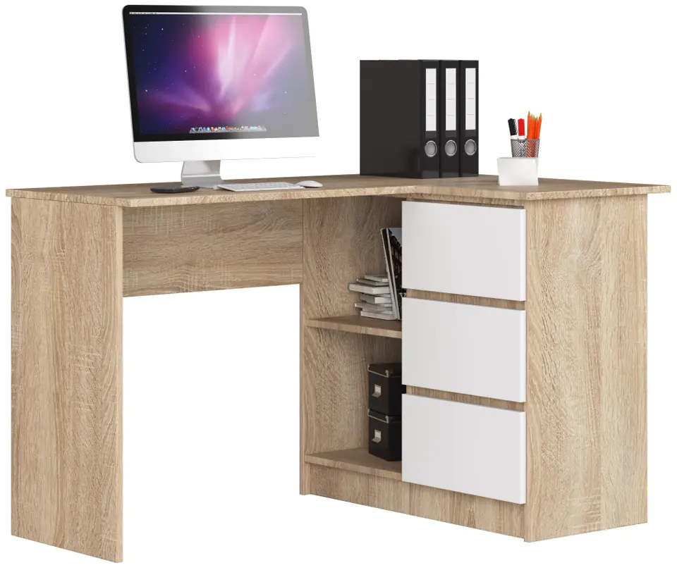 ⁨CORNER DESK B16 124 cm RIGHT 3 DRAWERS SONOMA OAK / WHITE⁩ at Wasserman.eu