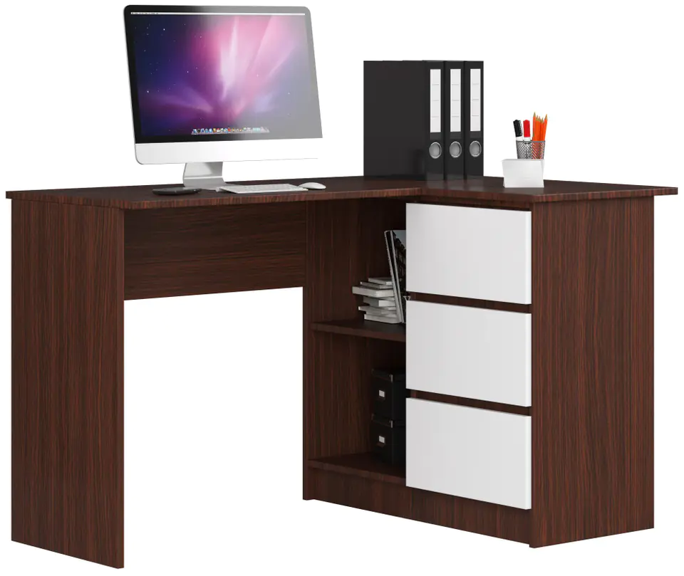 ⁨CORNER DESK B16 124 cm RIGHT 3 DRAWERS WENGE / WHITE⁩ at Wasserman.eu