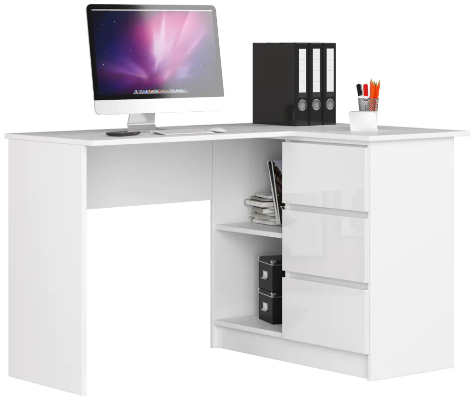 ⁨CORNER DESK B16 124 cm RIGHT 3 DRAWERS WHITE / HIGH-GLOSS WHITE⁩ at Wasserman.eu