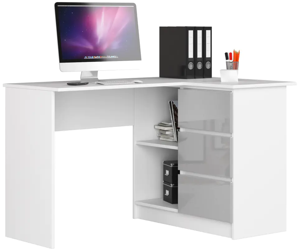 ⁨CORNER DESK B16 124 cm RIGHT 3 DRAWERS WHITE / METALLIC GLOSS⁩ at Wasserman.eu