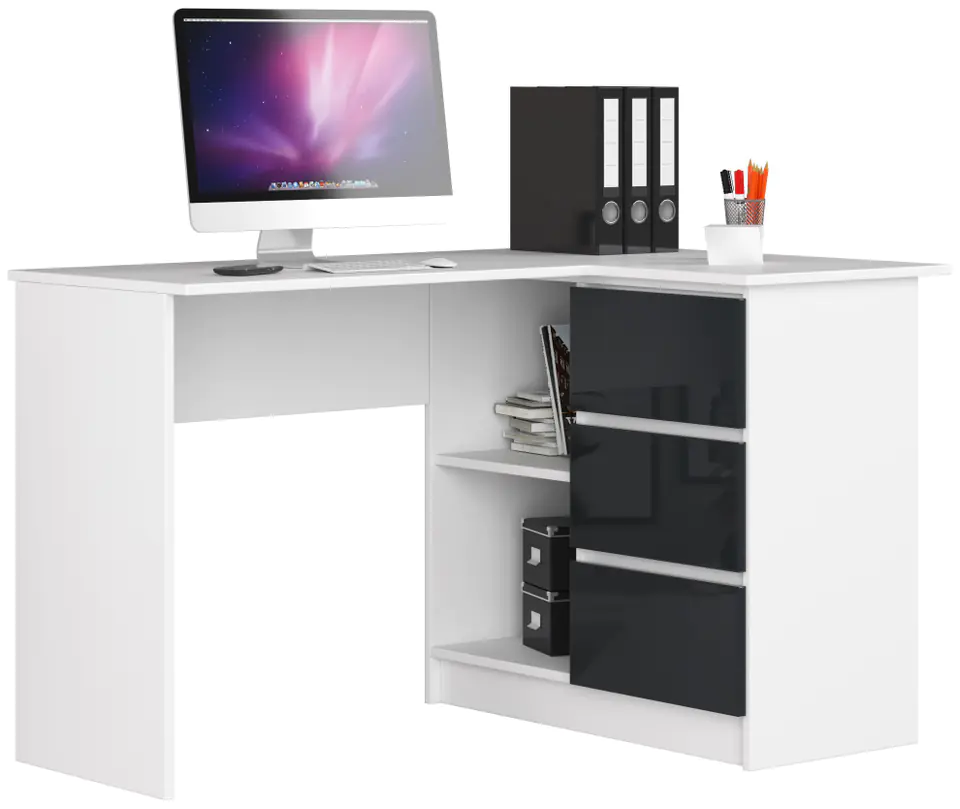 ⁨CORNER DESK B16 124 cm RIGHT 3 DRAWERS WHITE / GRAPHITE GLOSS⁩ at Wasserman.eu