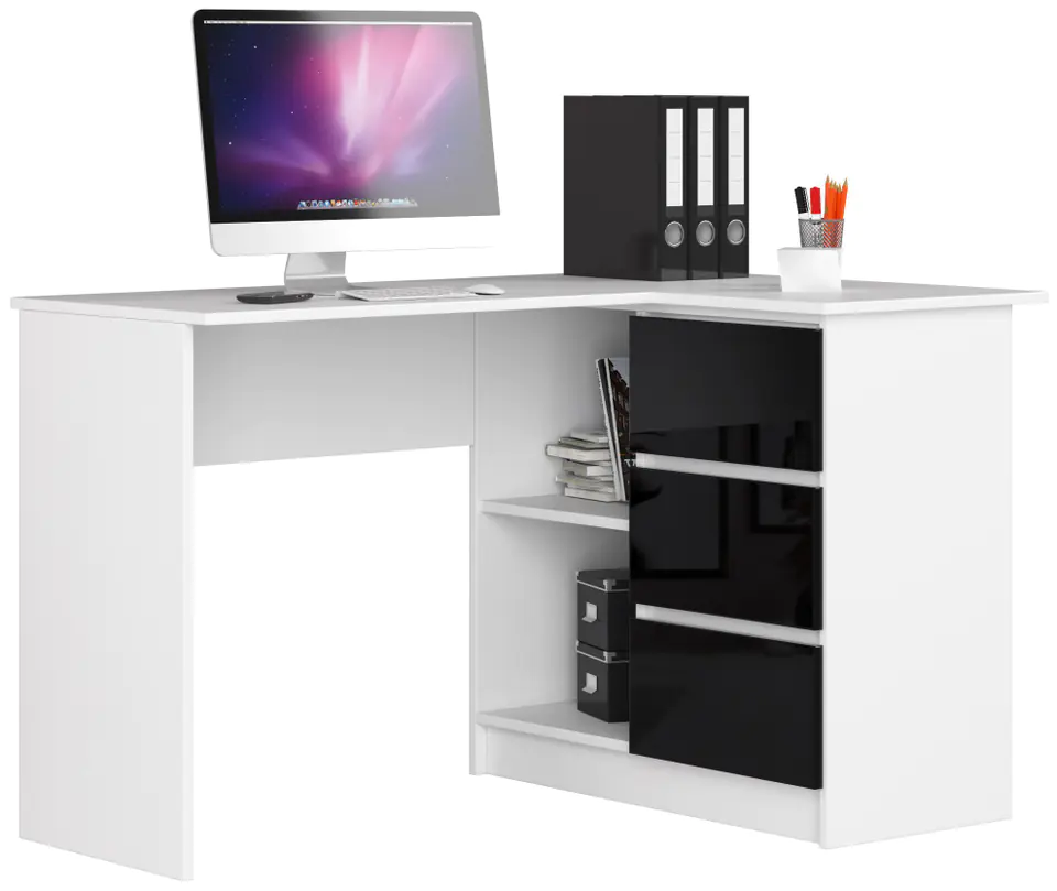 ⁨CORNER DESK B16 124 cm RIGHT 3 DRAWERS WHITE / GLOSS BLACK⁩ at Wasserman.eu