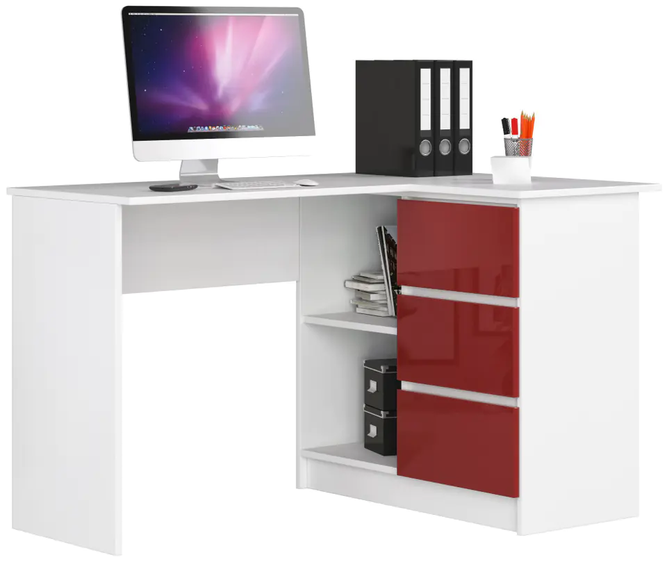 ⁨CORNER DESK B16 124 cm RIGHT 3 DRAWERS WHITE / RED GLOSS⁩ at Wasserman.eu