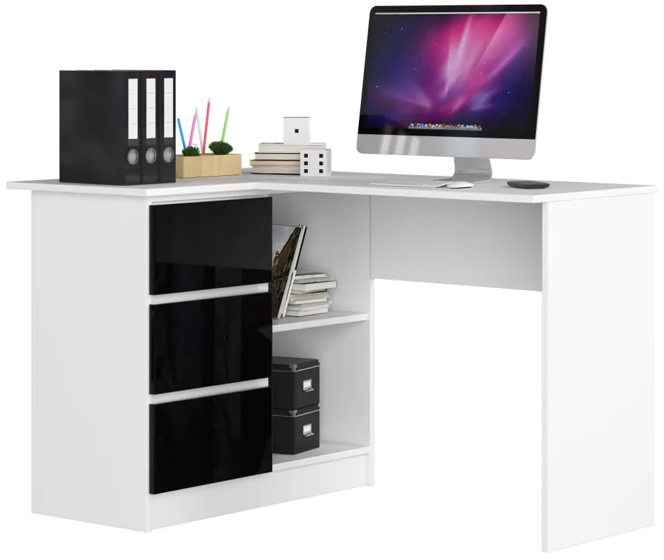 ⁨CORNER DESK B16 124 cm LEFT 3 DRAWERS WHITE / GLOSS BLACK⁩ at Wasserman.eu