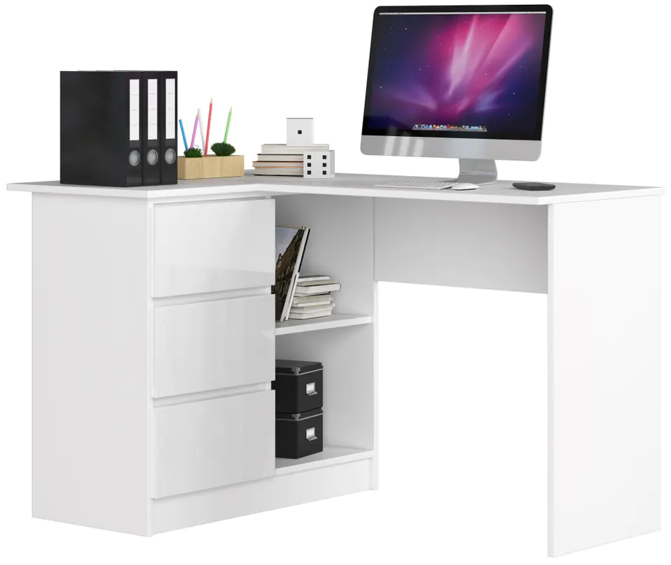 ⁨CORNER DESK B16 124 cm LEFT 3 DRAWERS WHITE / HIGH-GLOSS WHITE⁩ at Wasserman.eu