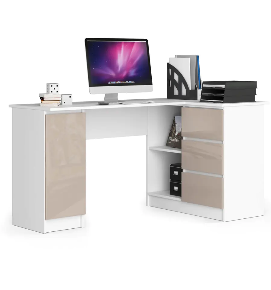 ⁨Corner desk B20 155 cm right - white-cappuccino gloss - 3 drawers⁩ at Wasserman.eu