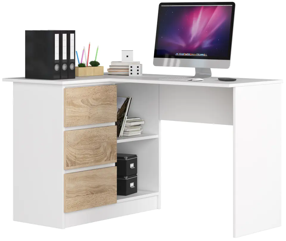 ⁨CORNER DESK B16 124 cm LEFT 3 DRAWERS WHITE / SONOMA⁩ at Wasserman.eu