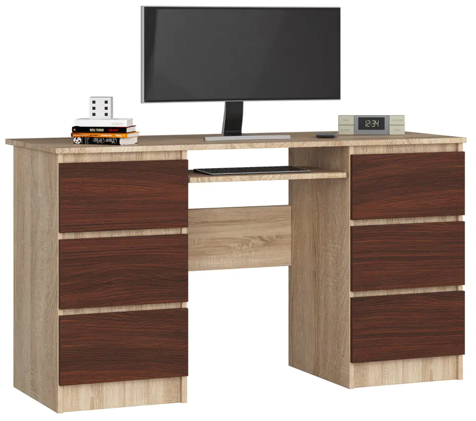 ⁨COMPUTER DESK A-11 135 cm 6 DRAWERS SONOMA / WENGE⁩ at Wasserman.eu