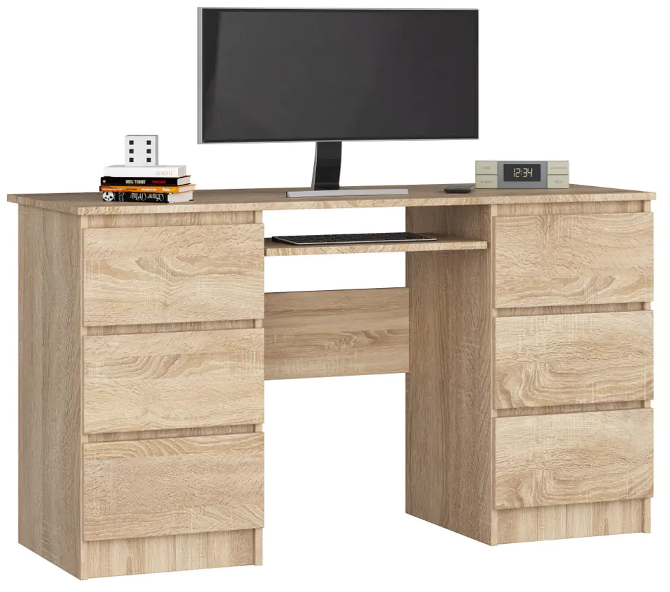 ⁨COMPUTER DESK A-11 135 cm 6 DRAWERS SONOMA OAK⁩ at Wasserman.eu