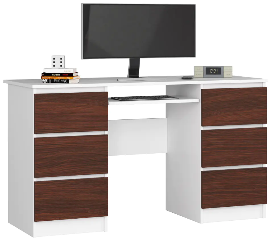 ⁨COMPUTER DESK A-11 135 cm 6 DRAWERS WHITE / WENGE⁩ at Wasserman.eu