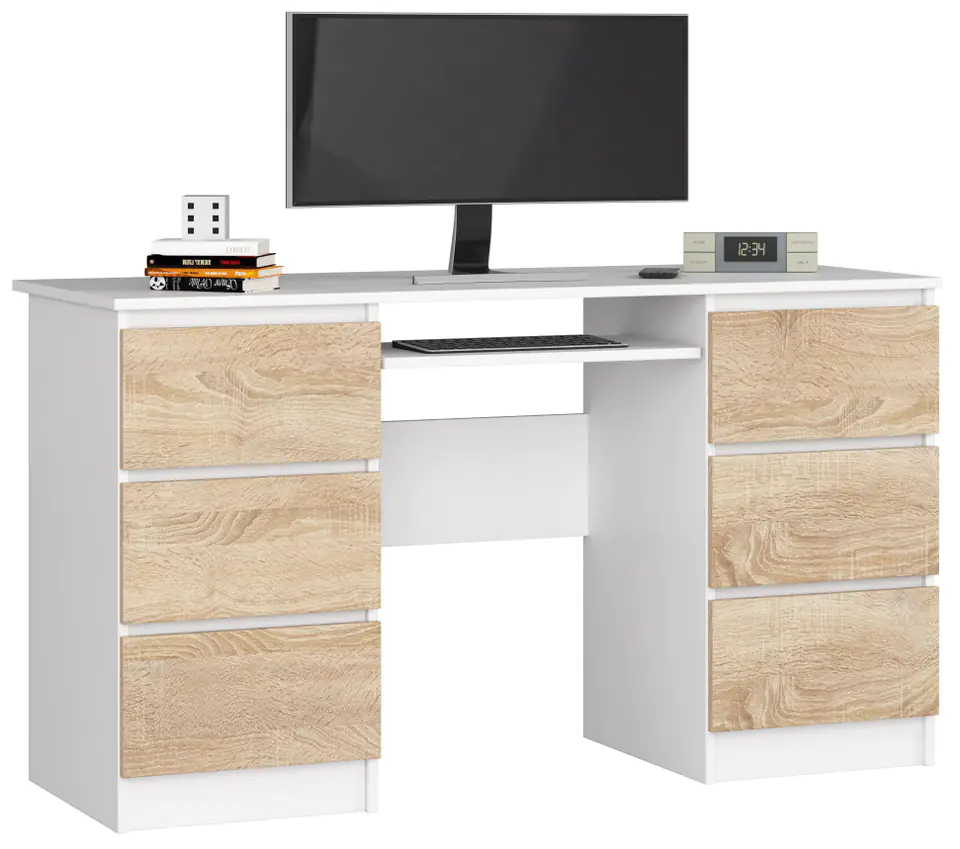 ⁨COMPUTER DESK A-11 135 cm 6 DRAWERS WHITE / SONOMA⁩ at Wasserman.eu