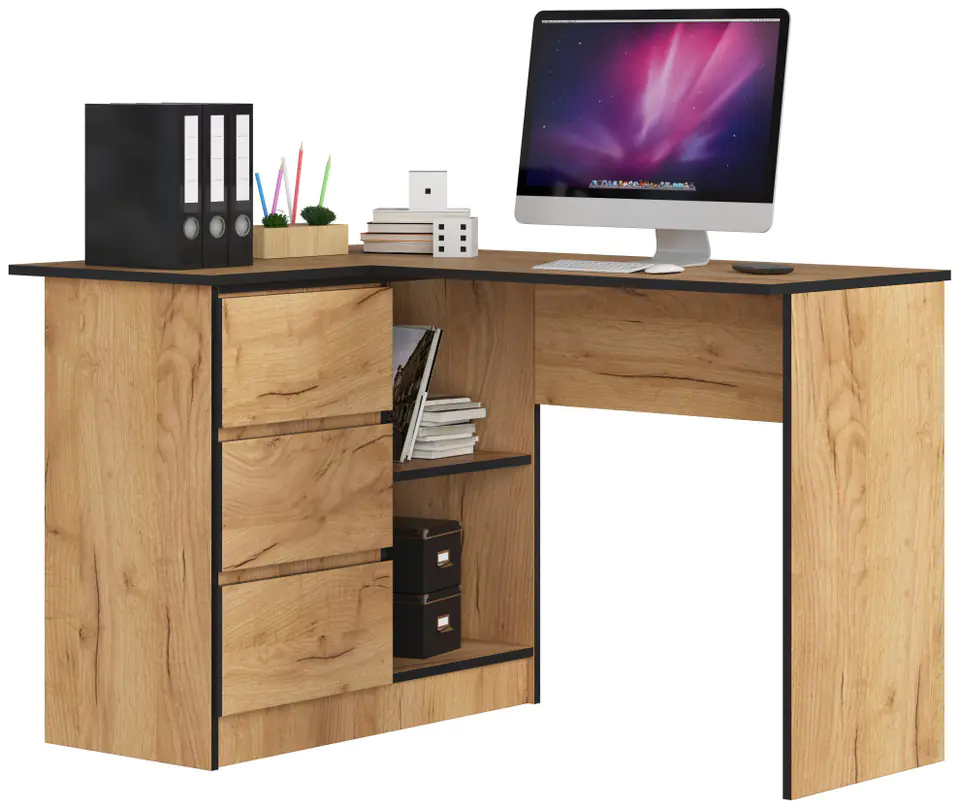 ⁨CORNER DESK B16 124 cm LEFT 3 DRAWERS OAK CRAFT⁩ at Wasserman.eu