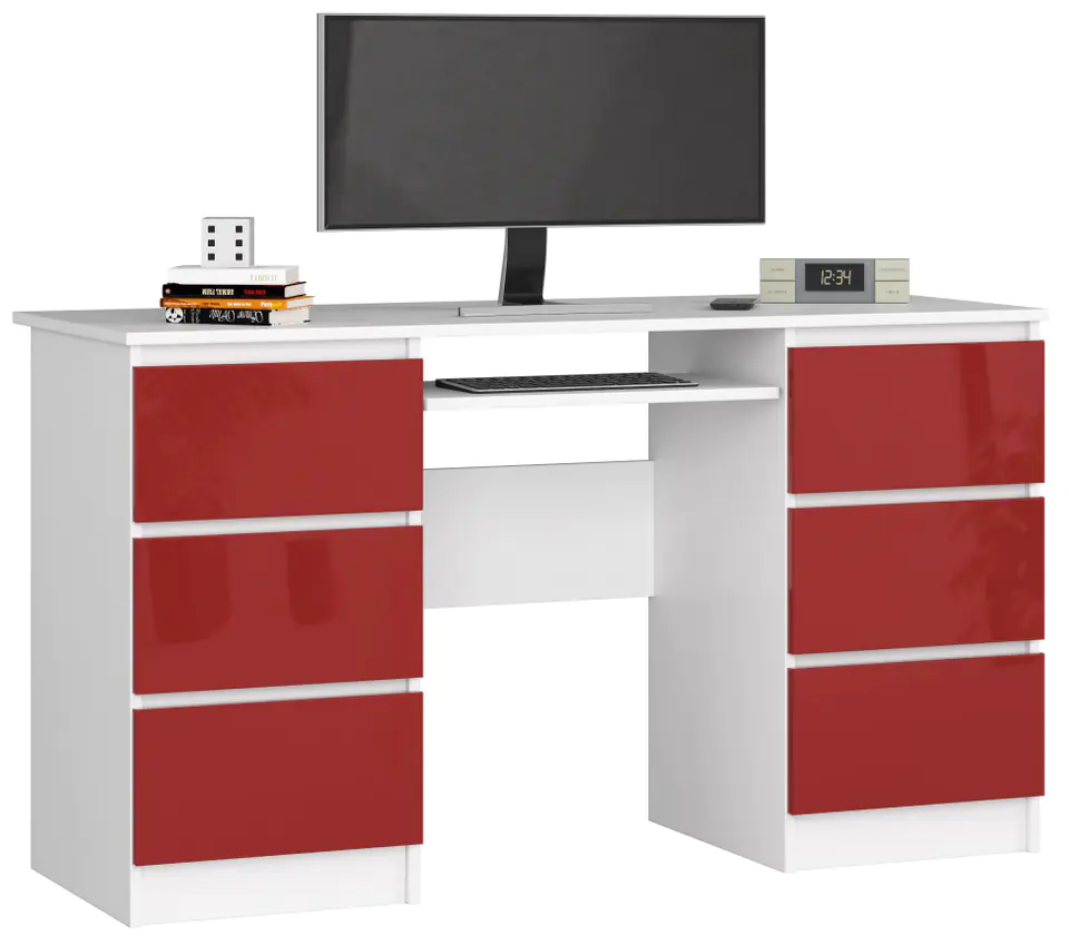 ⁨COMPUTER DESK A-11 135 cm 6 DRAWERS WHITE / RED GLOSS⁩ at Wasserman.eu