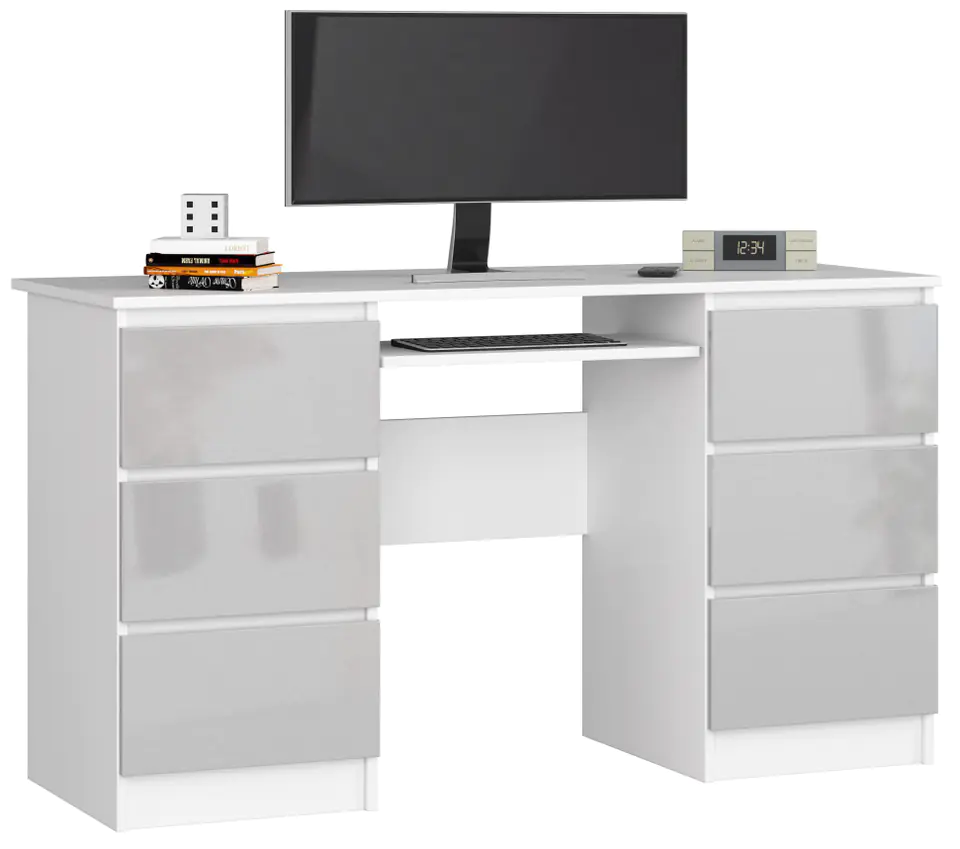 ⁨COMPUTER DESK A-11 135 cm 6 DRAWERS WHITE / METALLIC GLOSS⁩ at Wasserman.eu