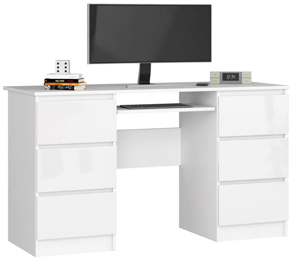 ⁨COMPUTER DESK A-11 135 cm 6 DRAWERS WHITE / HIGH-GLOSS WHITE⁩ at Wasserman.eu