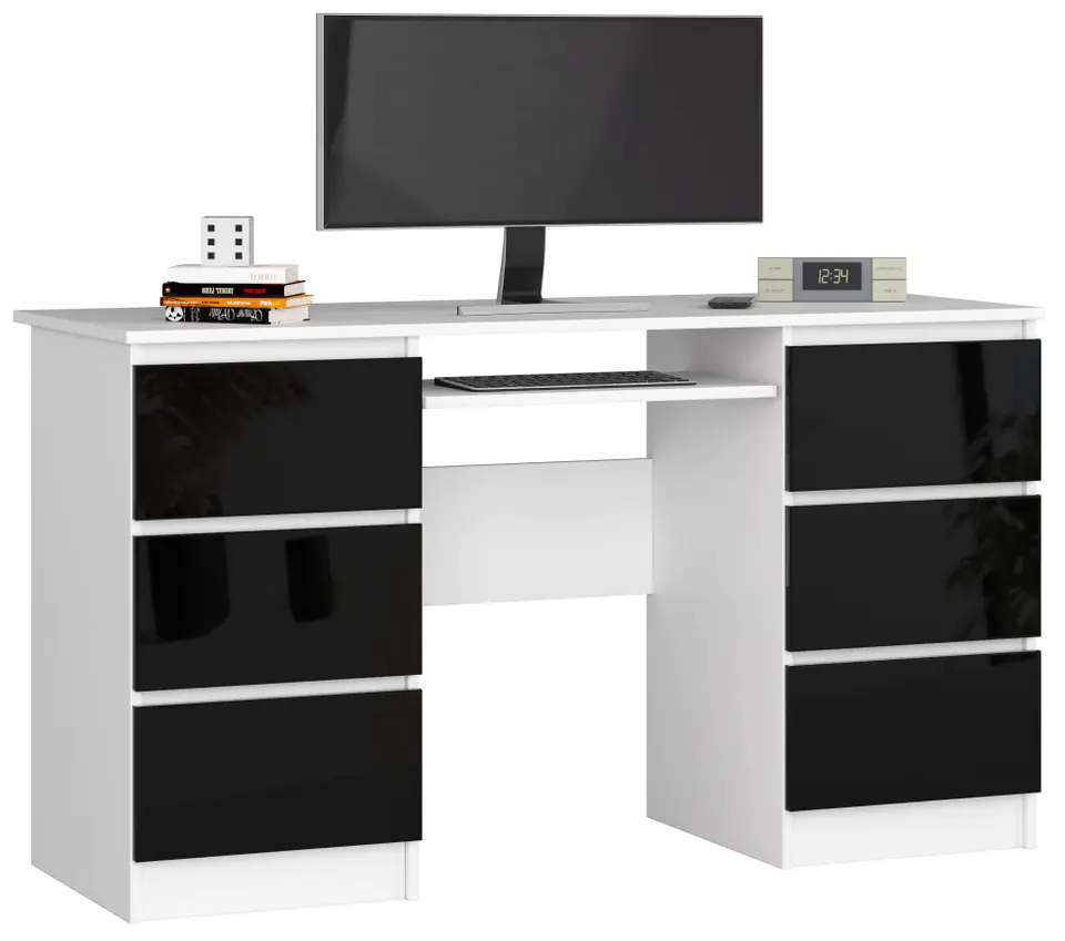 ⁨COMPUTER DESK A-11 135 cm 6 DRAWERS WHITE / BLACK-GLOSS⁩ at Wasserman.eu