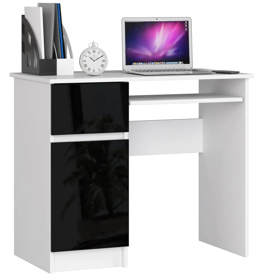 ⁨COMPUTER DESK 90 cm PIXEL LEFT WHITE / BLACK GLOSS⁩ at Wasserman.eu