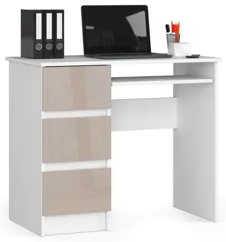 ⁨Computertisch A-6 90 cm links - weiß-cappuccino glänzend - 3 Schubladen⁩ im Wasserman.eu