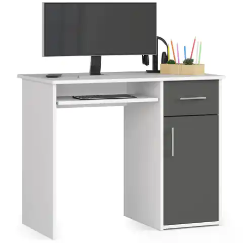 ⁨PIN desk 90 cm - white-graphite grey - 1 drawer 1 freestanding door⁩ at Wasserman.eu