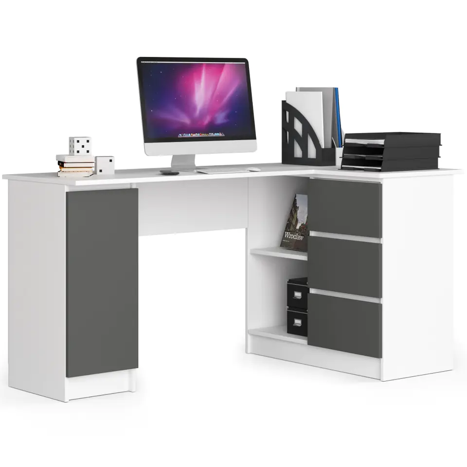 ⁨Corner desk B20 155 cm right - white-graphite grey - 3 drawers⁩ at Wasserman.eu