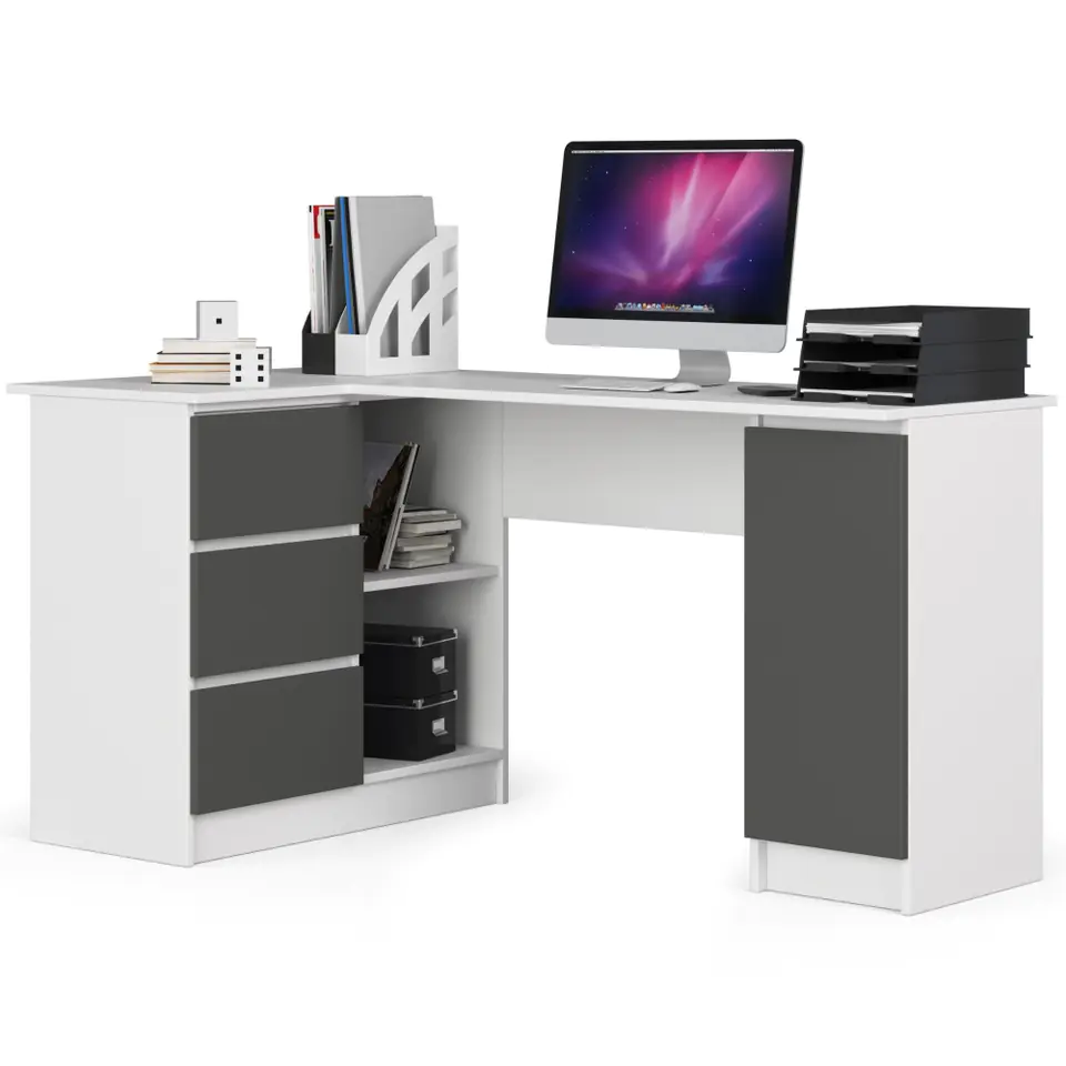 ⁨Corner desk B20 155 cm left - white-graphite gray - 3 drawers⁩ at Wasserman.eu