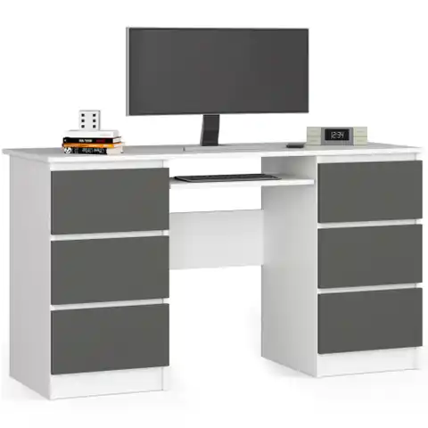 ⁨Computer desk A-11 135 cm 6 drawers - white-graphite gray⁩ at Wasserman.eu
